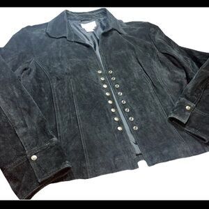 Black Suede Leather Bomber JACKET Copper Snap Front Collared WOMEN women XL COAT
